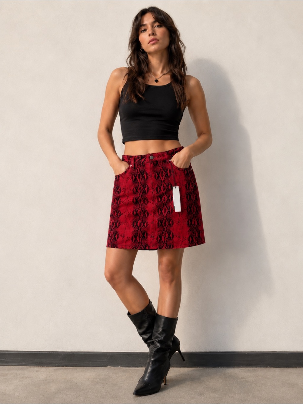 d. jeans Red and Black Snake-Print Mini Skirt